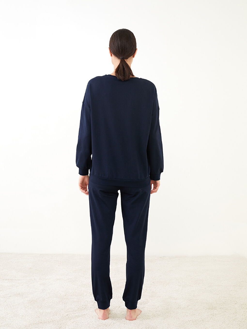 طقم بيجامة كم طويل ياقة دائرية مطبوع قطن للسيدات-4