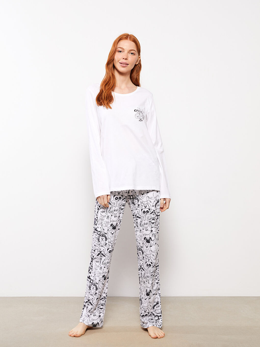 Crew Neck Printed Long Sleeve Cotton Women's Pajama Set-1