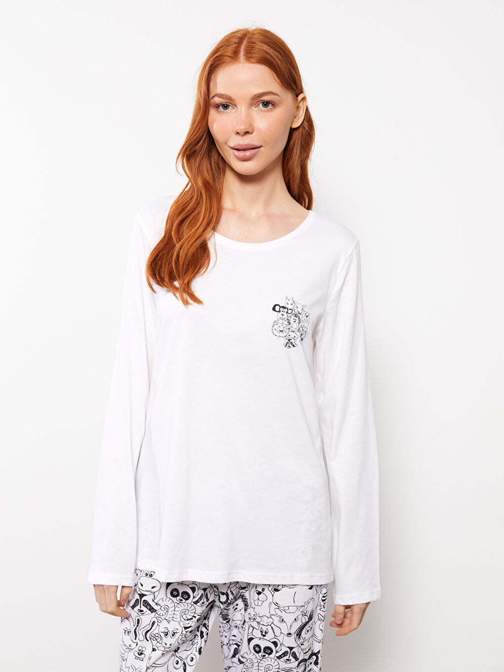 Crew Neck Printed Long Sleeve Cotton Women's Pajama Set-2