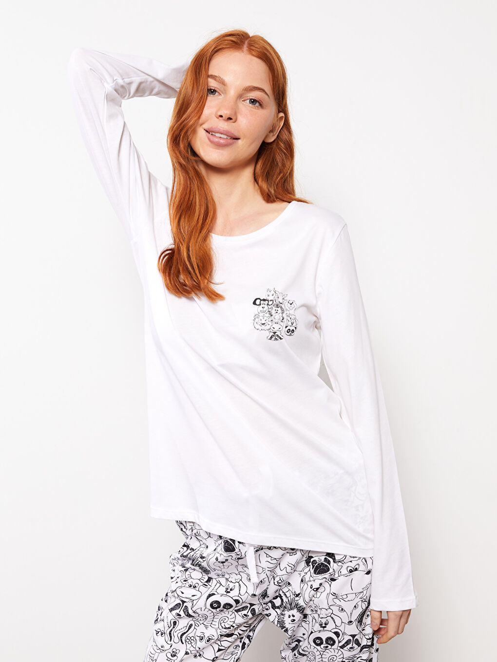 Crew Neck Printed Long Sleeve Cotton Women's Pajama Set-3