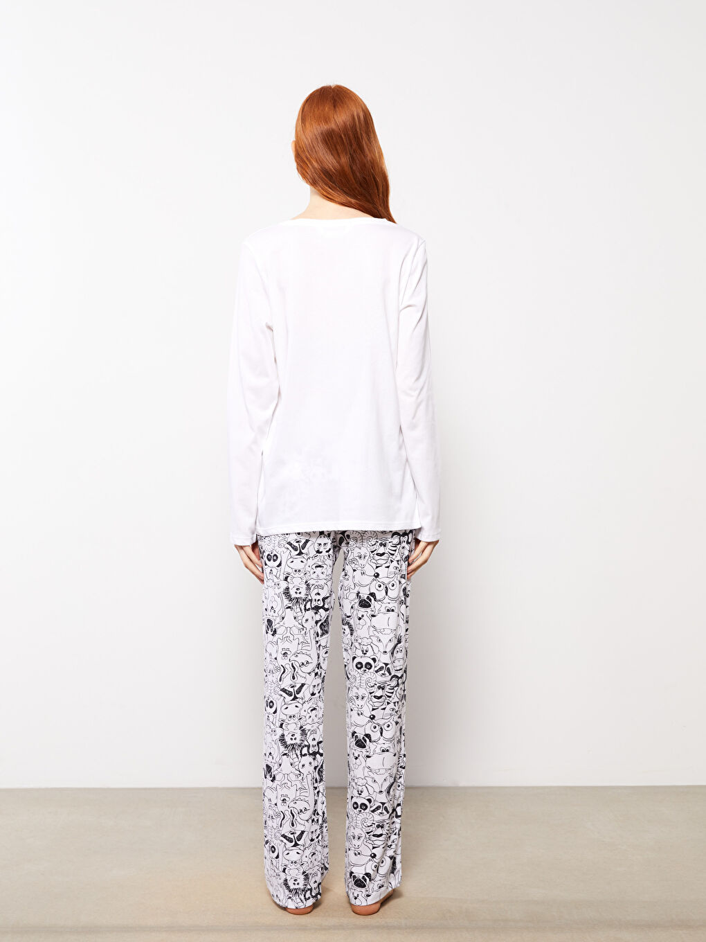 Crew Neck Printed Long Sleeve Cotton Women's Pajama Set-5