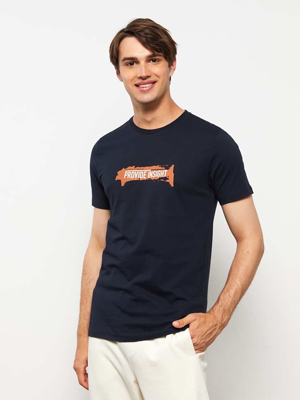 Lacivert Bisiklet Yaka Kısa Kollu Baskılı Penye Erkek Tişört