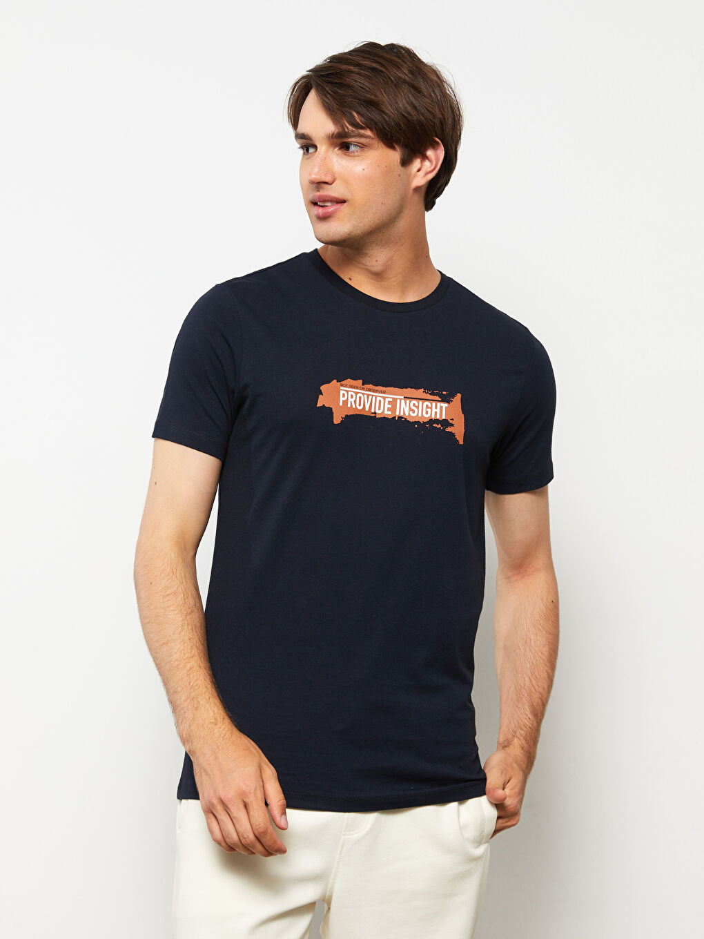 Lacivert Bisiklet Yaka Kısa Kollu Baskılı Penye Erkek Tişört-1