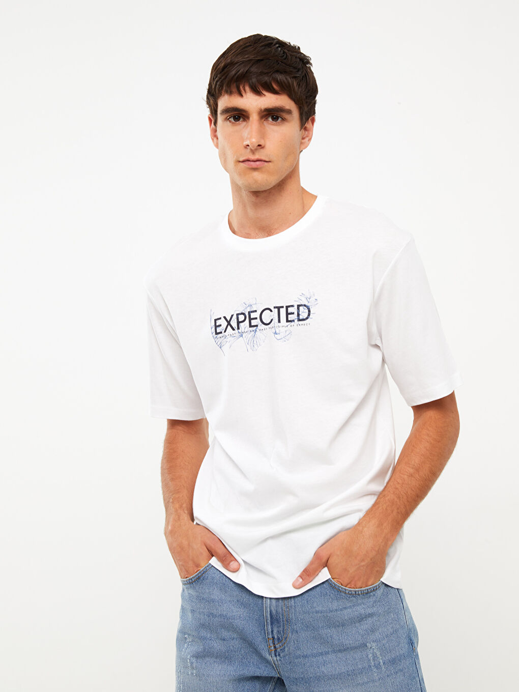 Beyaz Bisiklet Yaka Kısa Kollu Baskılı Penye Erkek Tişört