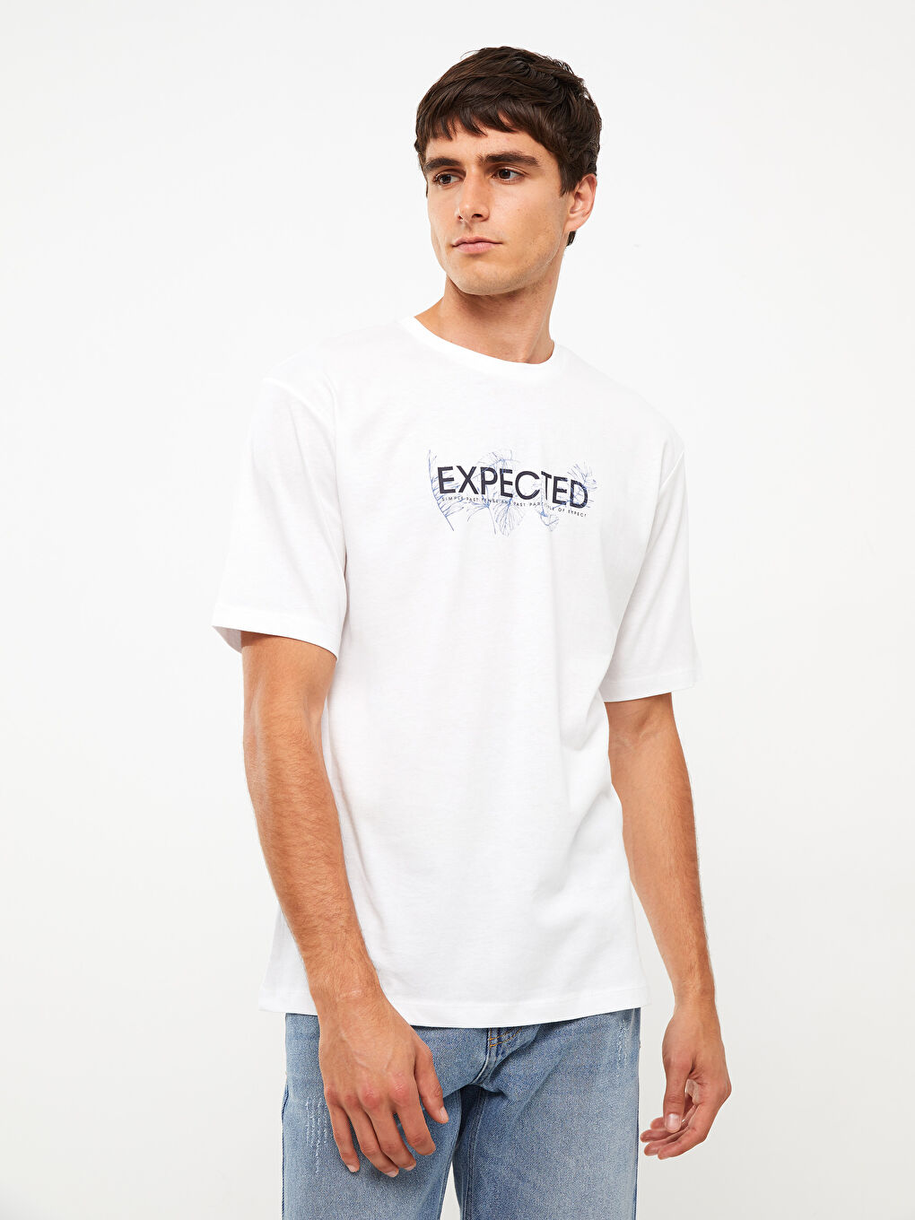 Beyaz Bisiklet Yaka Kısa Kollu Baskılı Penye Erkek Tişört-1