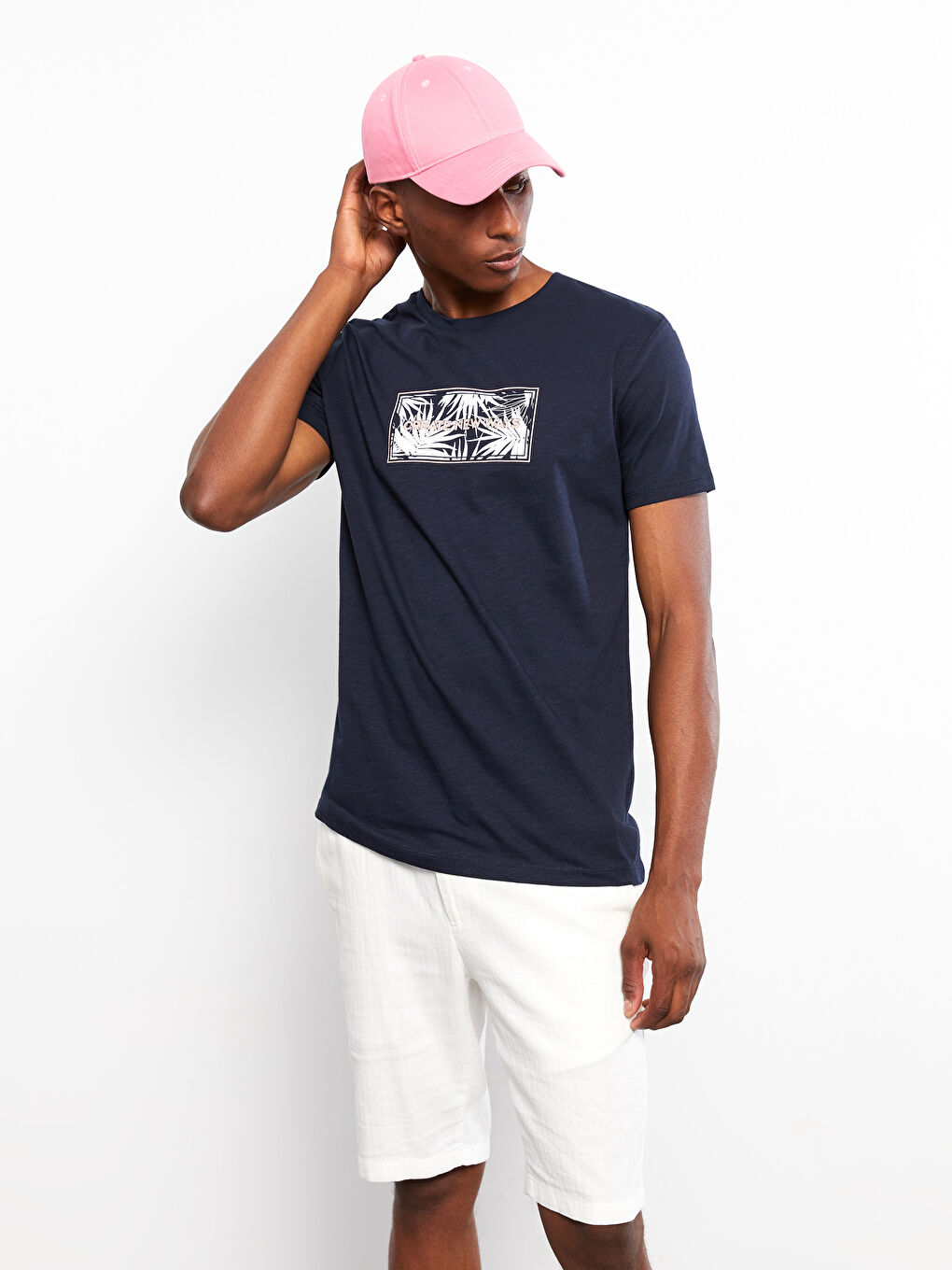 Lacivert Bisiklet Yaka Kısa Kollu Baskılı Penye Erkek Tişört-1