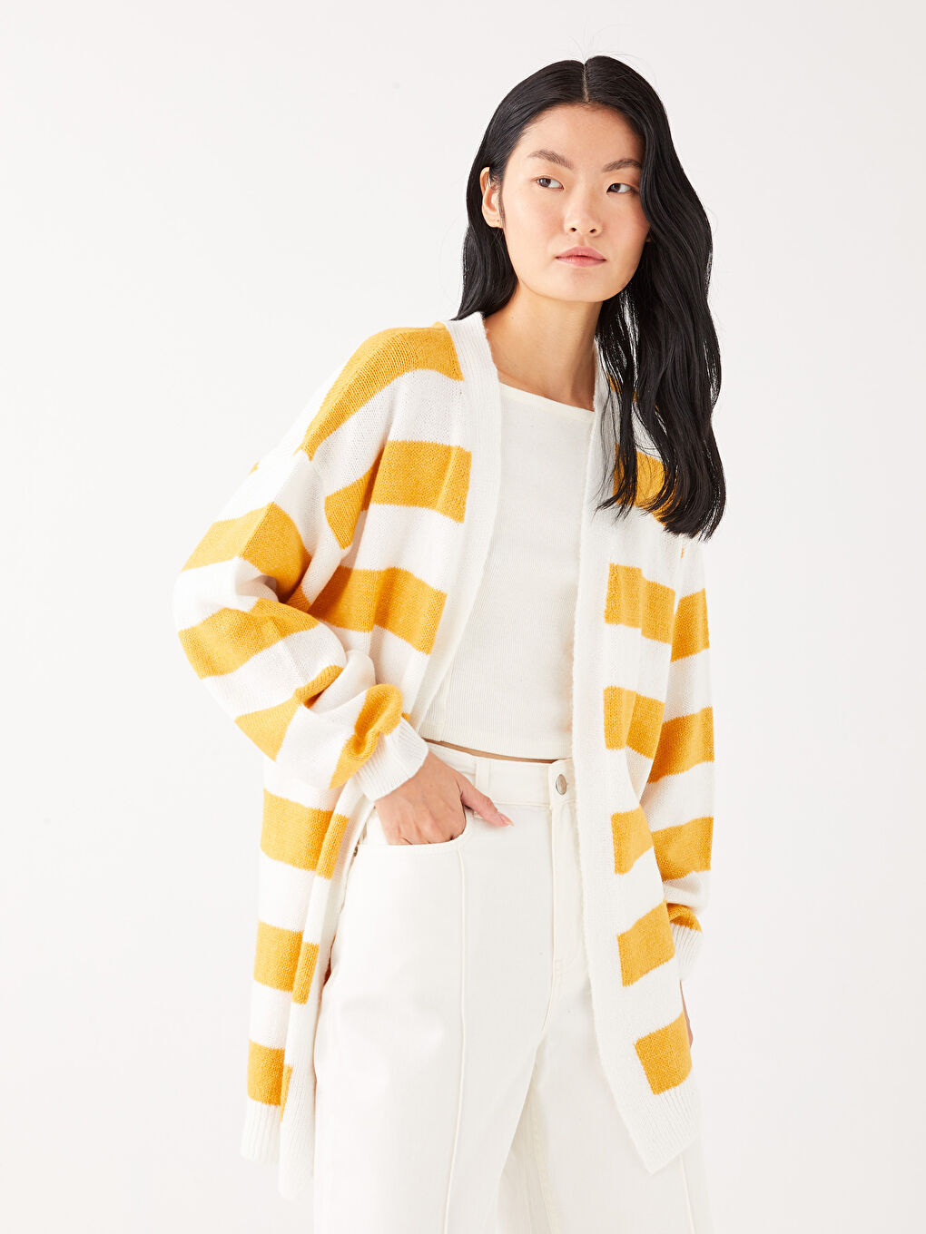 Sarı Şal Yaka Renk Bloklu Uzun Kollu Kadın Triko Hırka