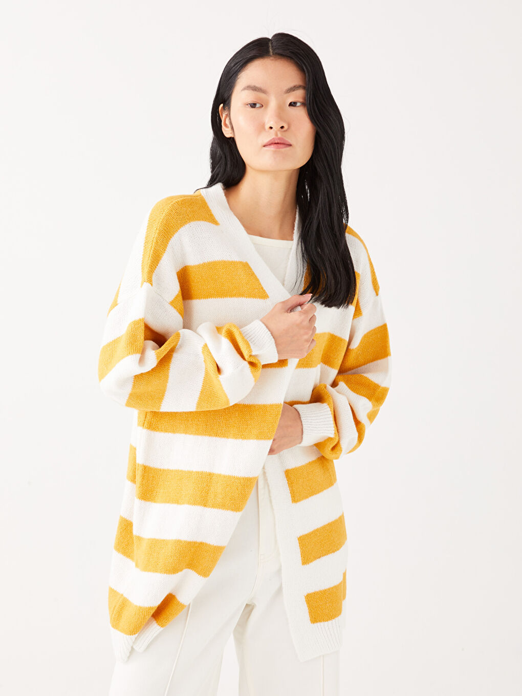 Sarı Şal Yaka Renk Bloklu Uzun Kollu Kadın Triko Hırka-1