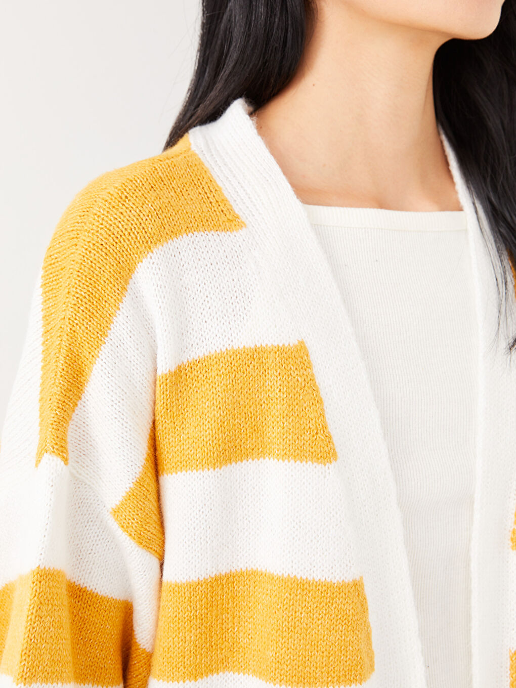 Sarı Şal Yaka Renk Bloklu Uzun Kollu Kadın Triko Hırka-3