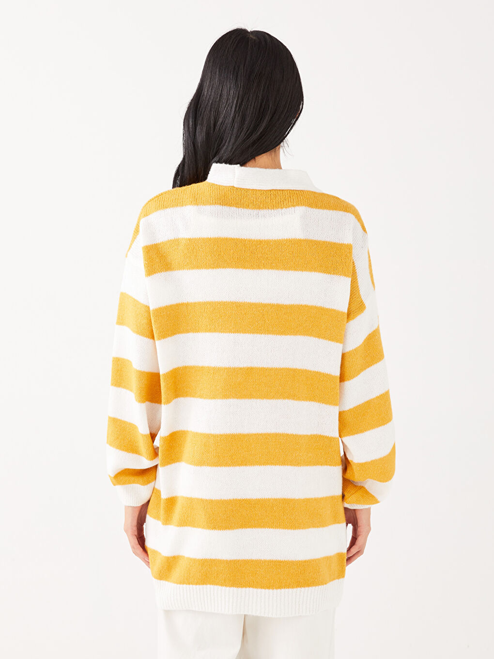 Sarı Şal Yaka Renk Bloklu Uzun Kollu Kadın Triko Hırka-4