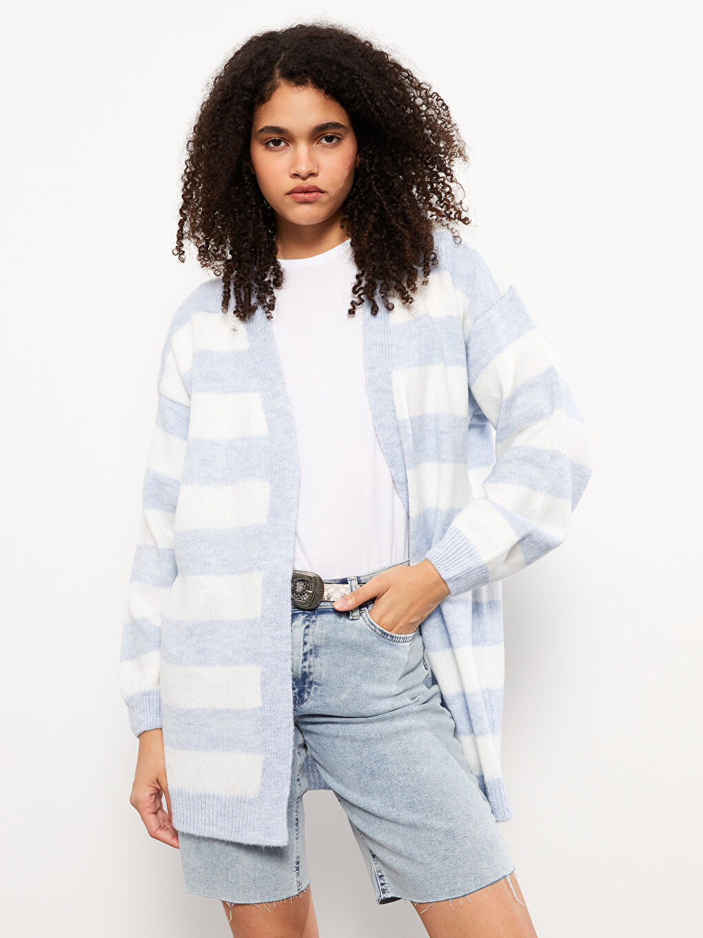 Mavi Şal Yaka Renk Bloklu Uzun Kollu Kadın Triko Hırka