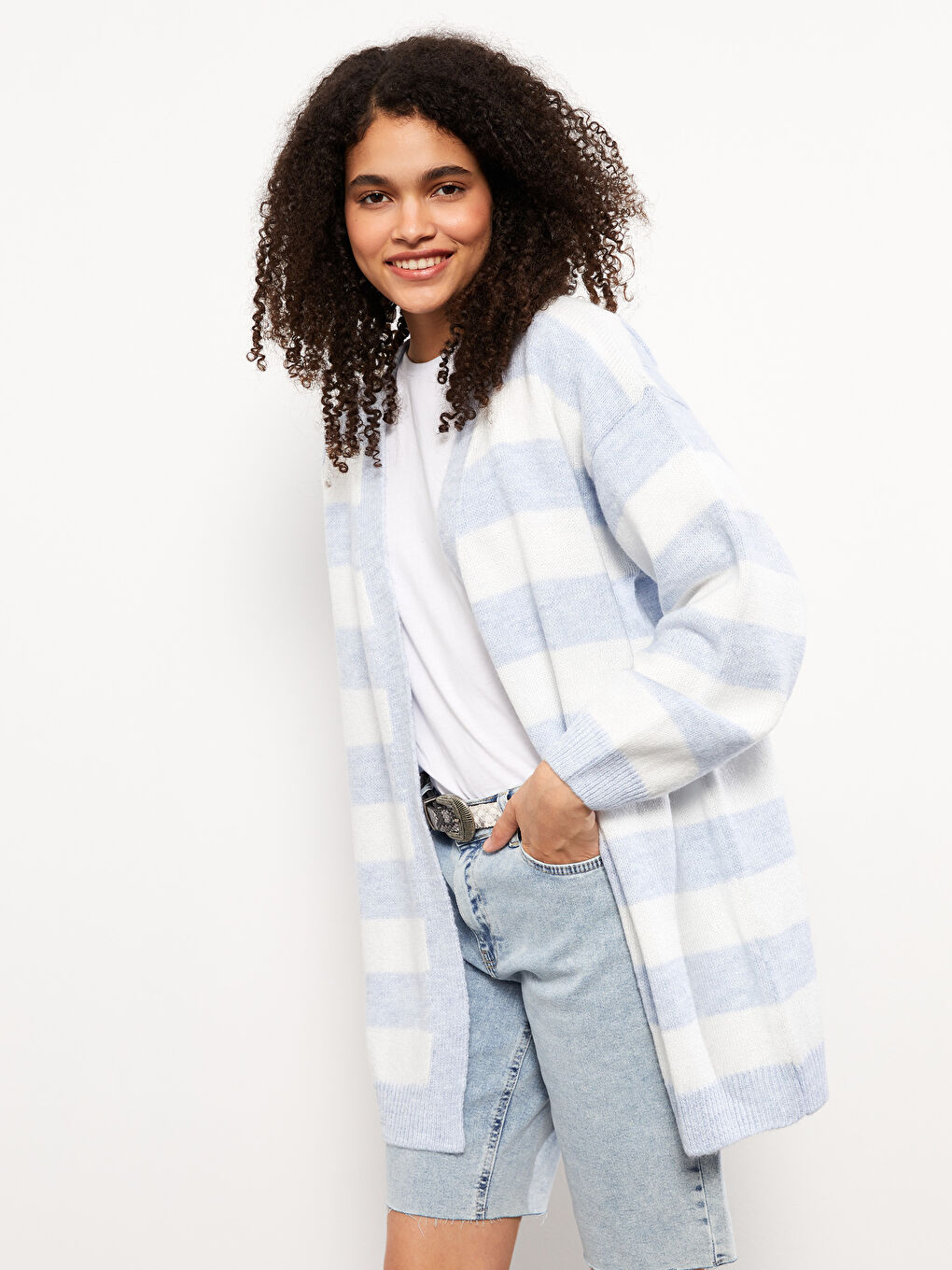 Mavi Şal Yaka Renk Bloklu Uzun Kollu Kadın Triko Hırka-1