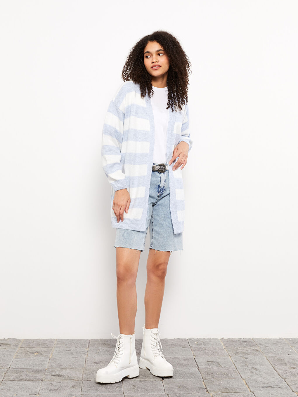 Mavi Şal Yaka Renk Bloklu Uzun Kollu Kadın Triko Hırka-2