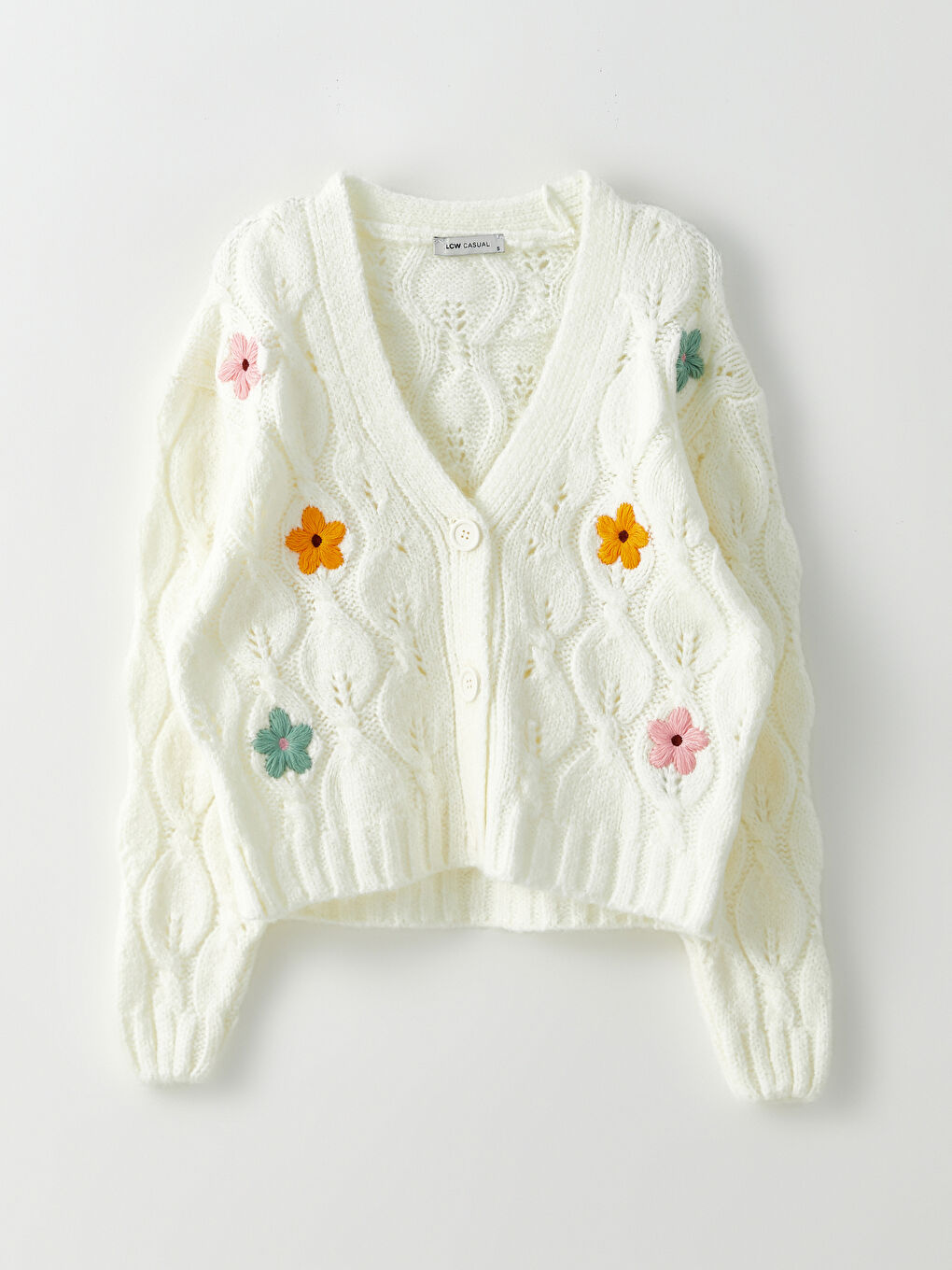 Ekru V Yaka Nakışlı Uzun Kollu Kadın Triko Hırka-5