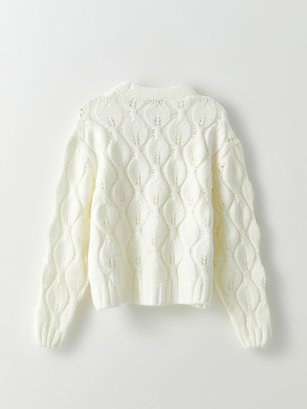 Ekru V Yaka Nakışlı Uzun Kollu Kadın Triko Hırka-7