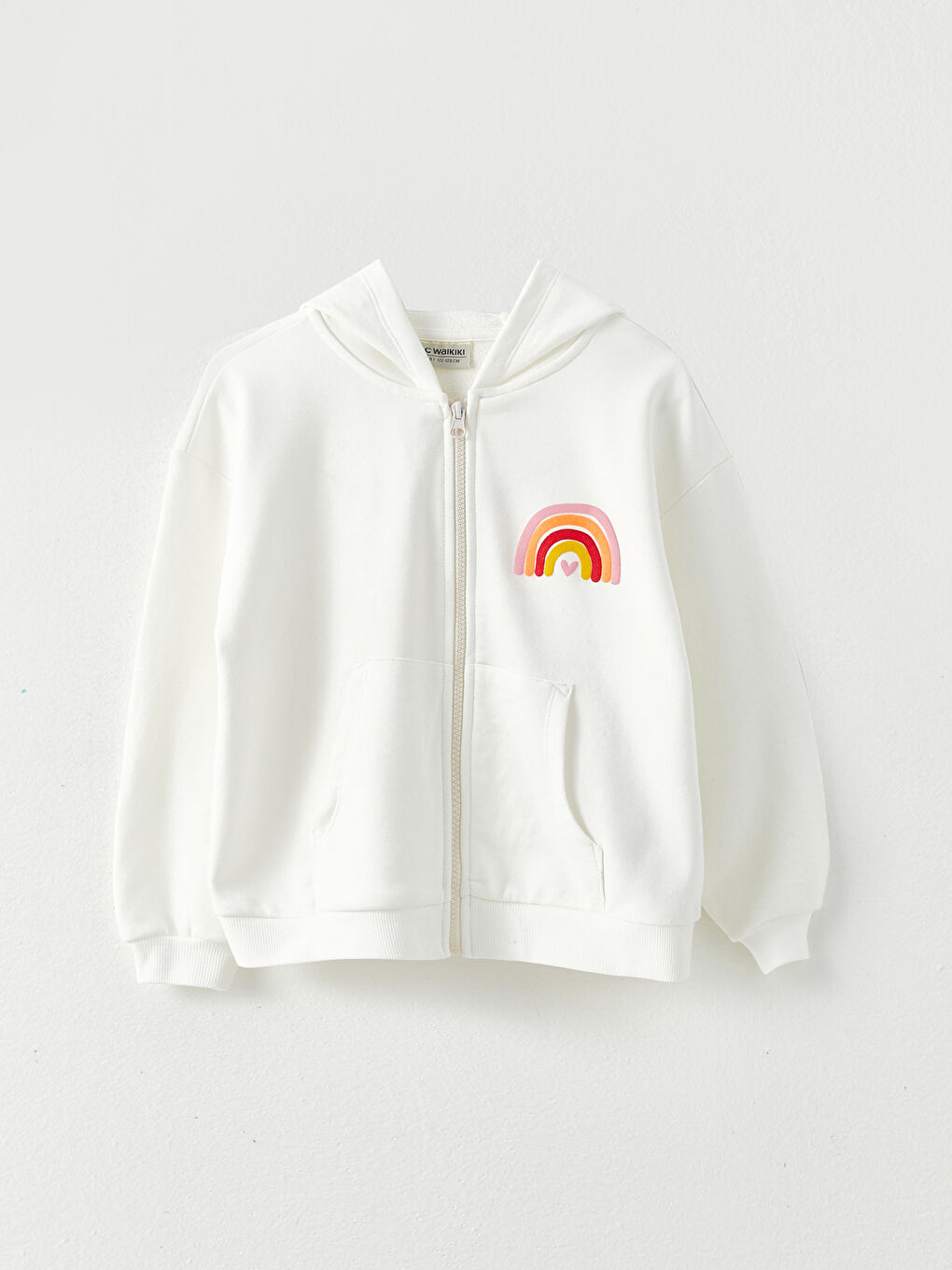 Ekru Kapüşonlu Baskılı Uzun Kollu Kız Çocuk Fermuarlı Sweatshirt