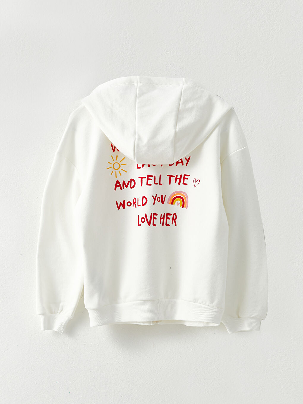 Ekru Kapüşonlu Baskılı Uzun Kollu Kız Çocuk Fermuarlı Sweatshirt-1