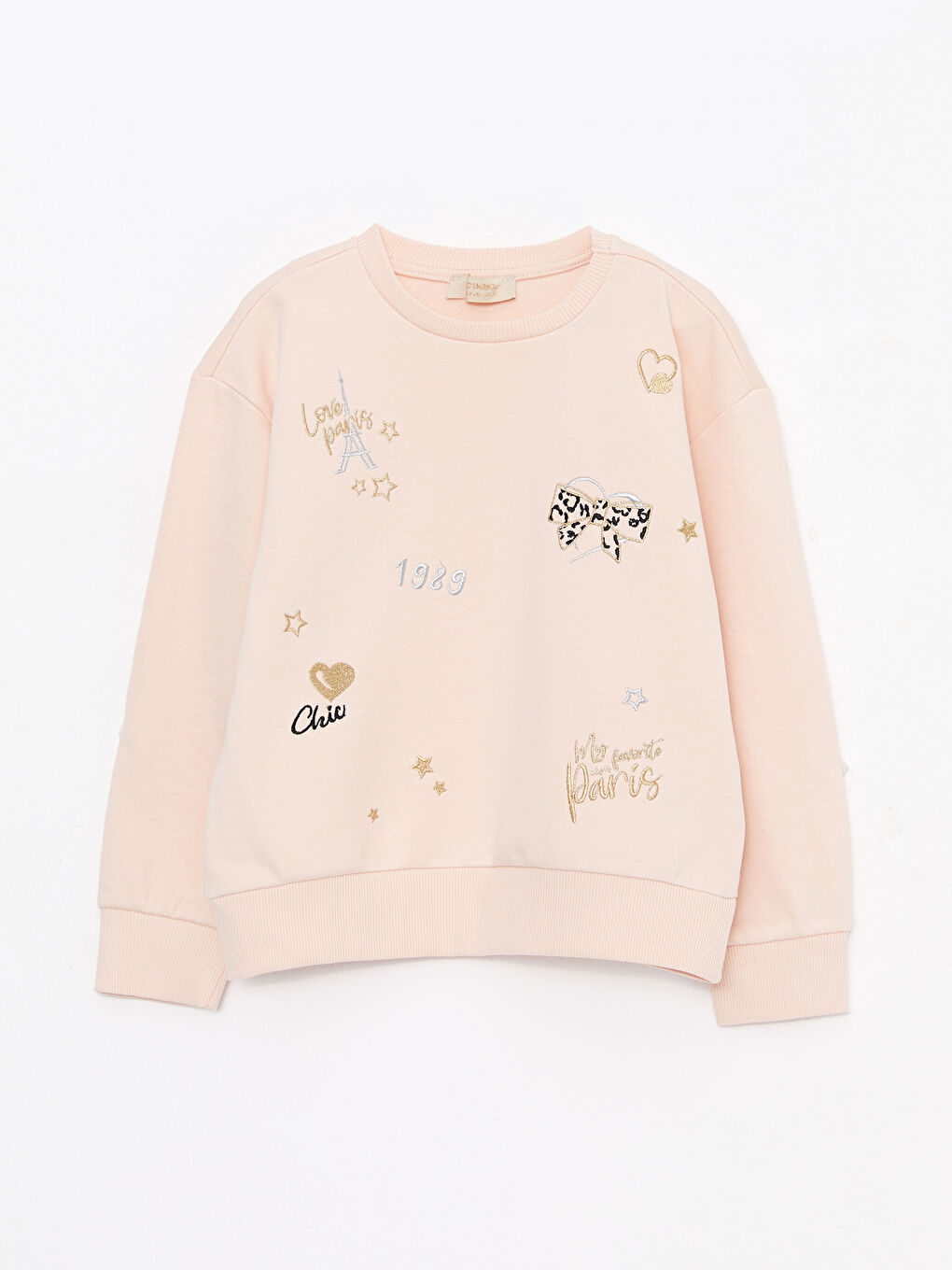 Pembe Bisiklet Yaka Nakışlı Uzun Kollu Kız Çocuk Sweatshirt