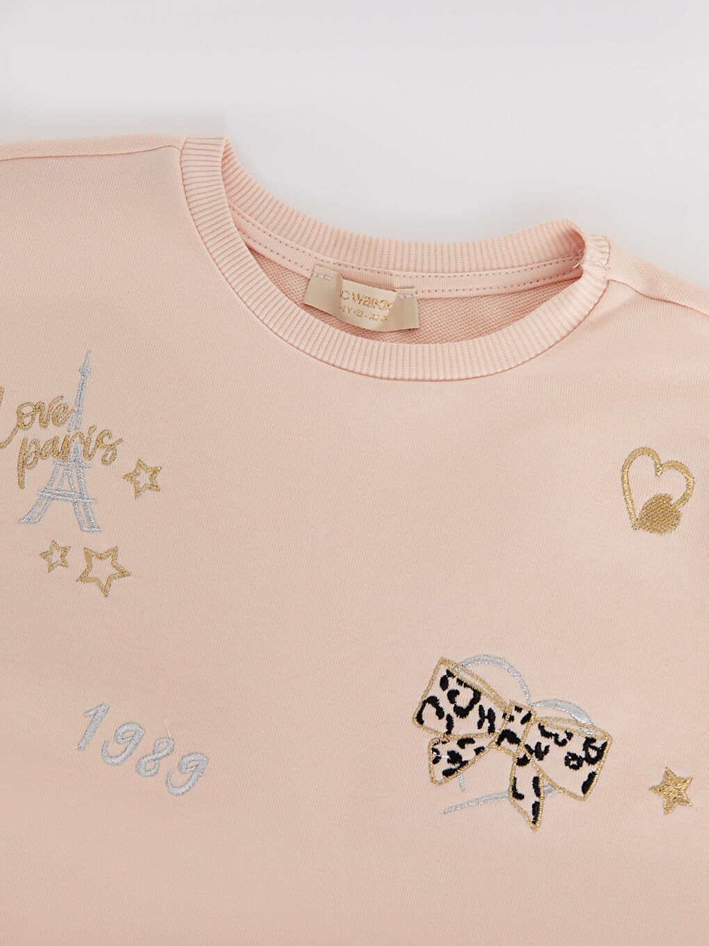 Pembe Bisiklet Yaka Nakışlı Uzun Kollu Kız Çocuk Sweatshirt-2