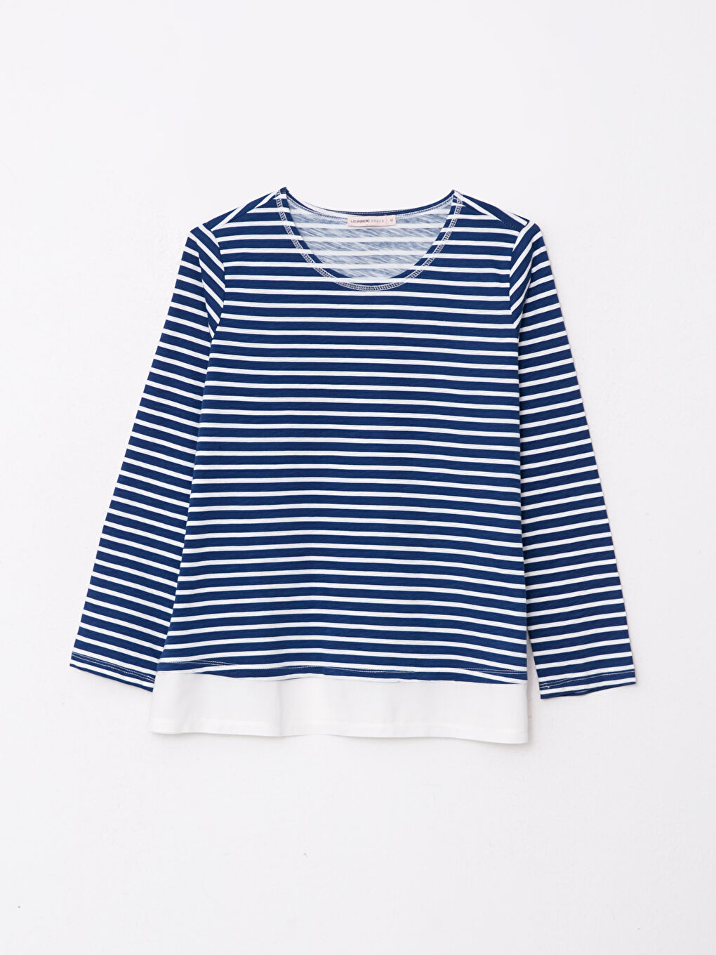 Lacivert Bisiklet Yaka Çizgili Uzun Kollu Pamuklu Kadın Tişört-5