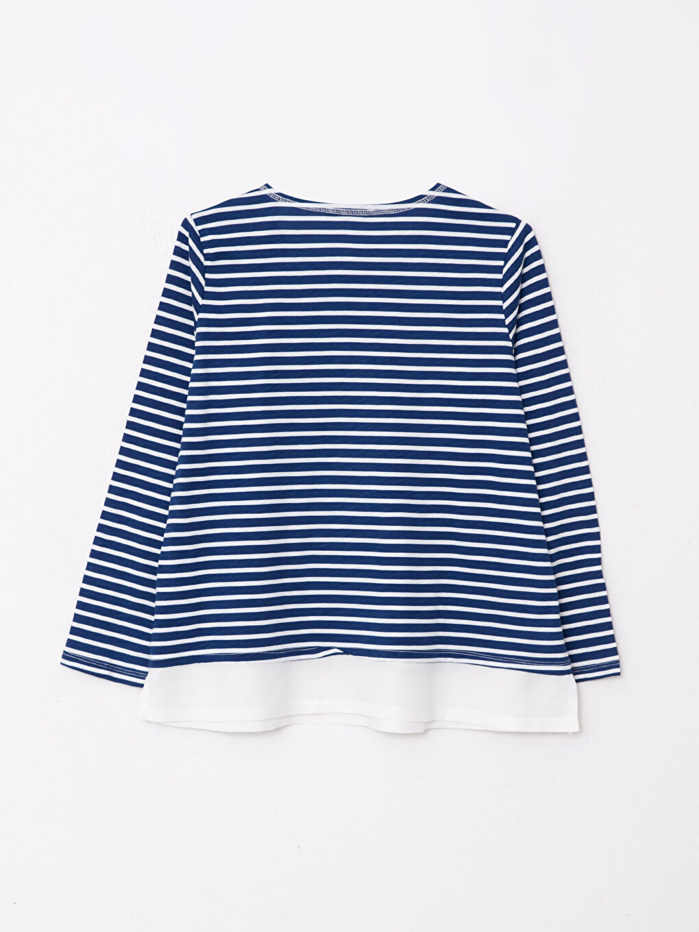 Lacivert Bisiklet Yaka Çizgili Uzun Kollu Pamuklu Kadın Tişört-6