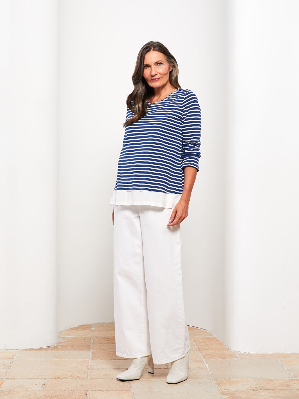 Lacivert Bisiklet Yaka Çizgili Uzun Kollu Pamuklu Kadın Tişört