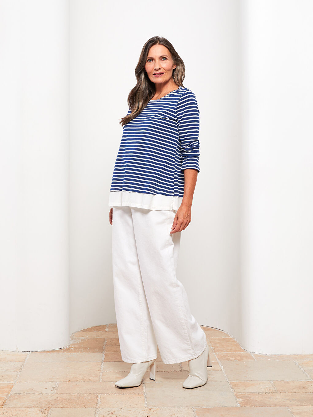 Lacivert Bisiklet Yaka Çizgili Uzun Kollu Pamuklu Kadın Tişört-1