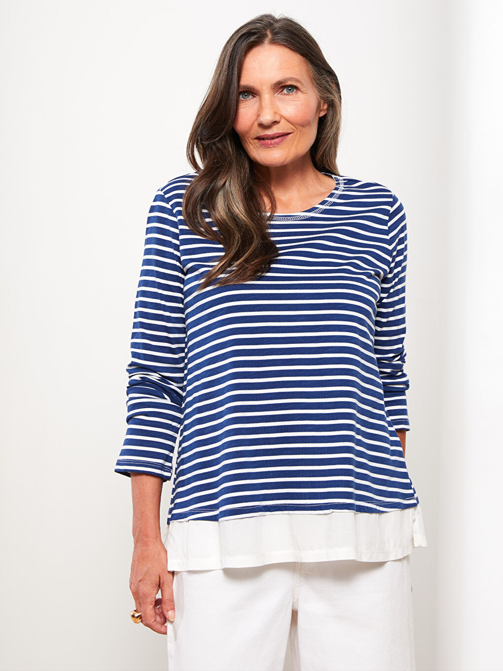 Lacivert Bisiklet Yaka Çizgili Uzun Kollu Pamuklu Kadın Tişört-2