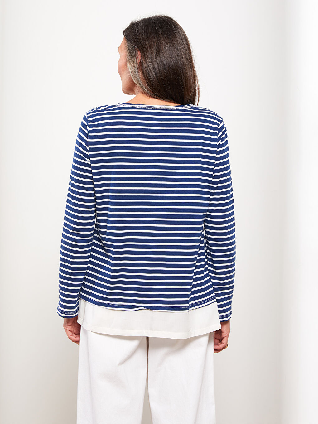 Lacivert Bisiklet Yaka Çizgili Uzun Kollu Pamuklu Kadın Tişört-4
