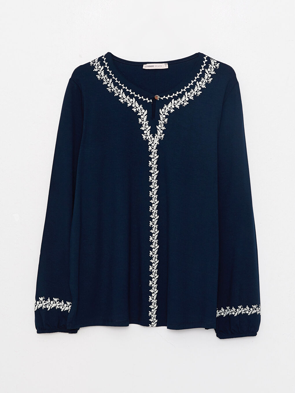 Lacivert Kaçık Yaka Desenli Uzun Kollu Kadın Bluz-4