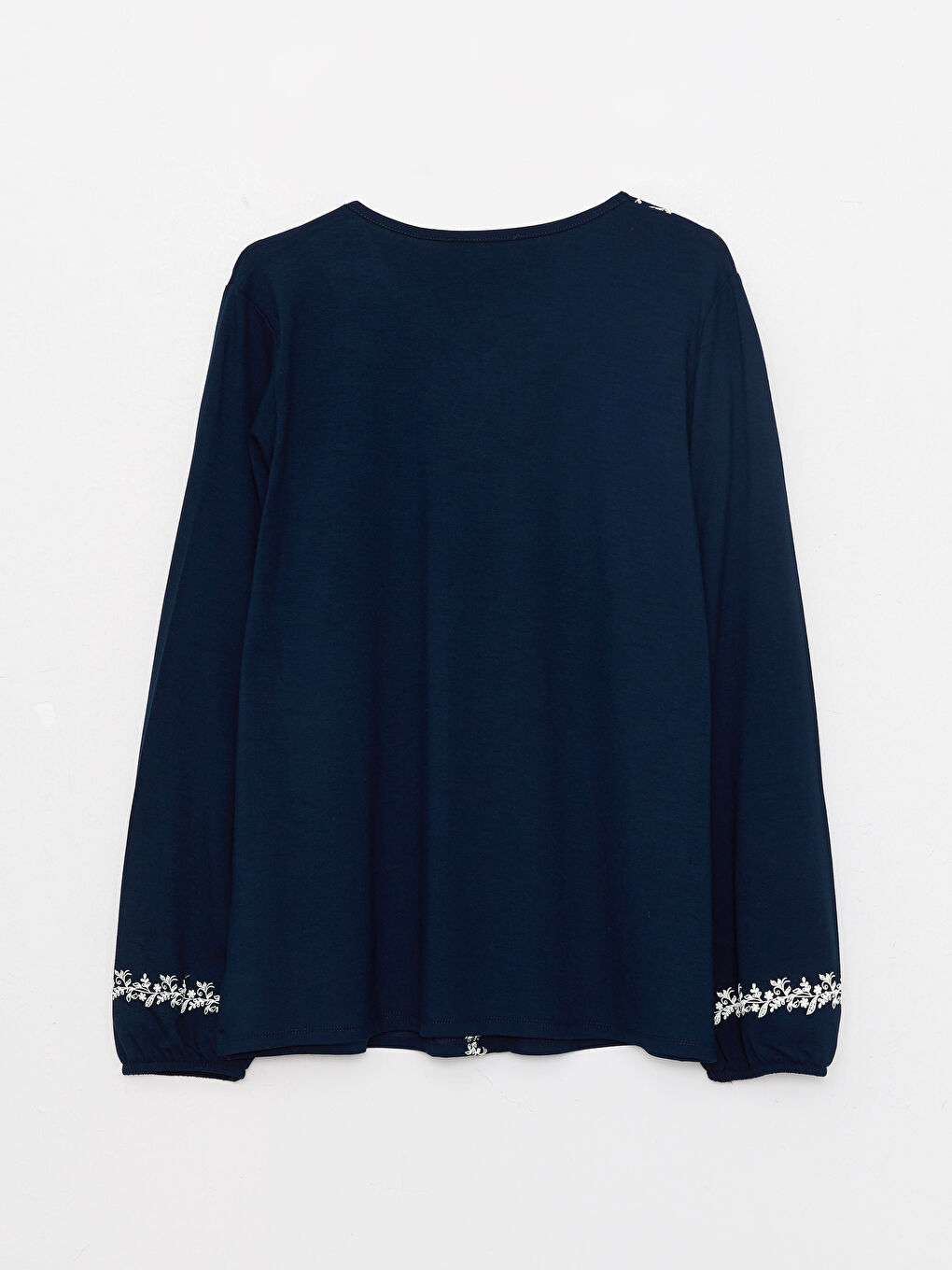 Lacivert Kaçık Yaka Desenli Uzun Kollu Kadın Bluz-5