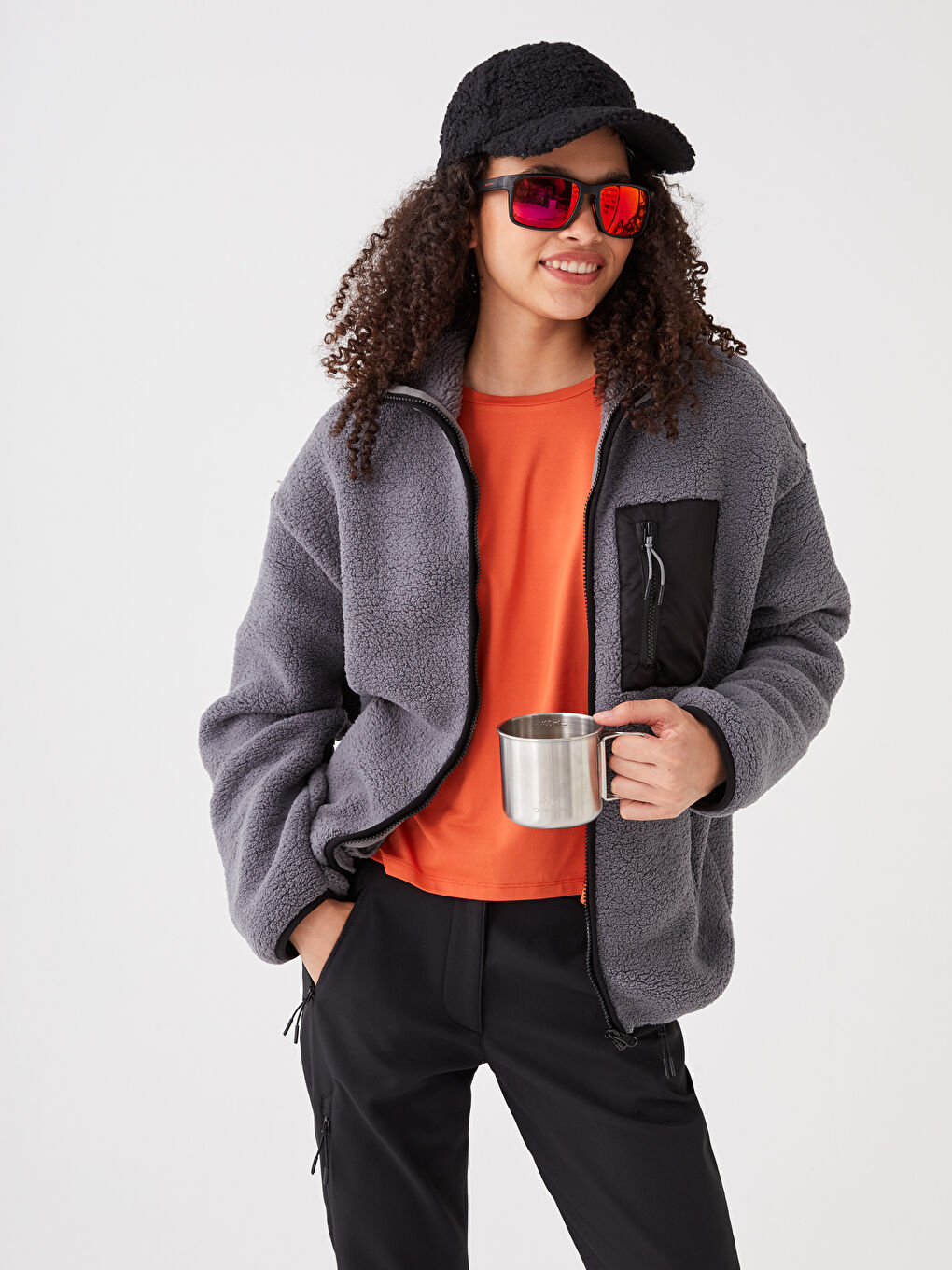 Gri Kapüşonlu Kadın Outdoor Polar