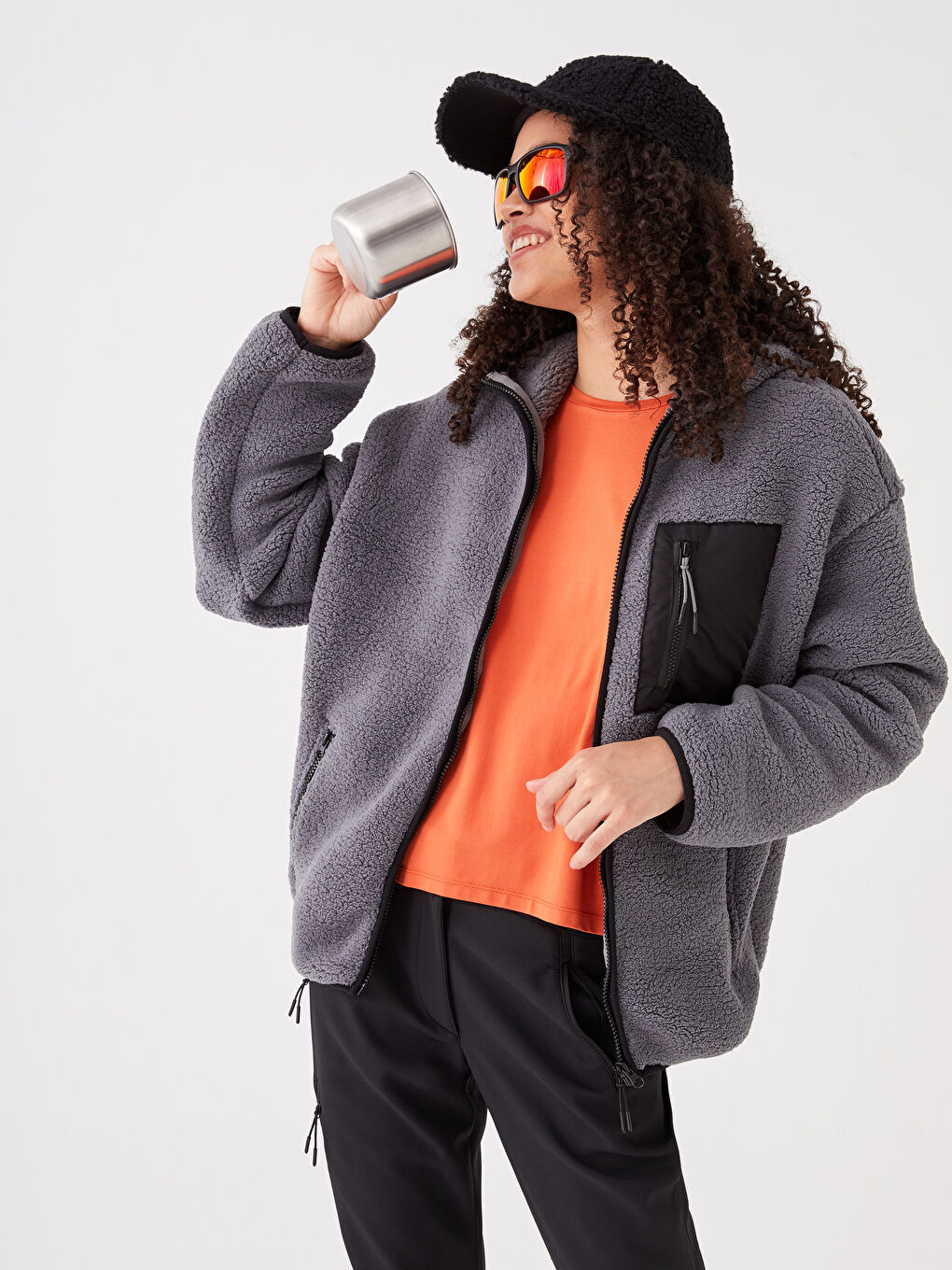 Gri Kapüşonlu Kadın Outdoor Polar-1