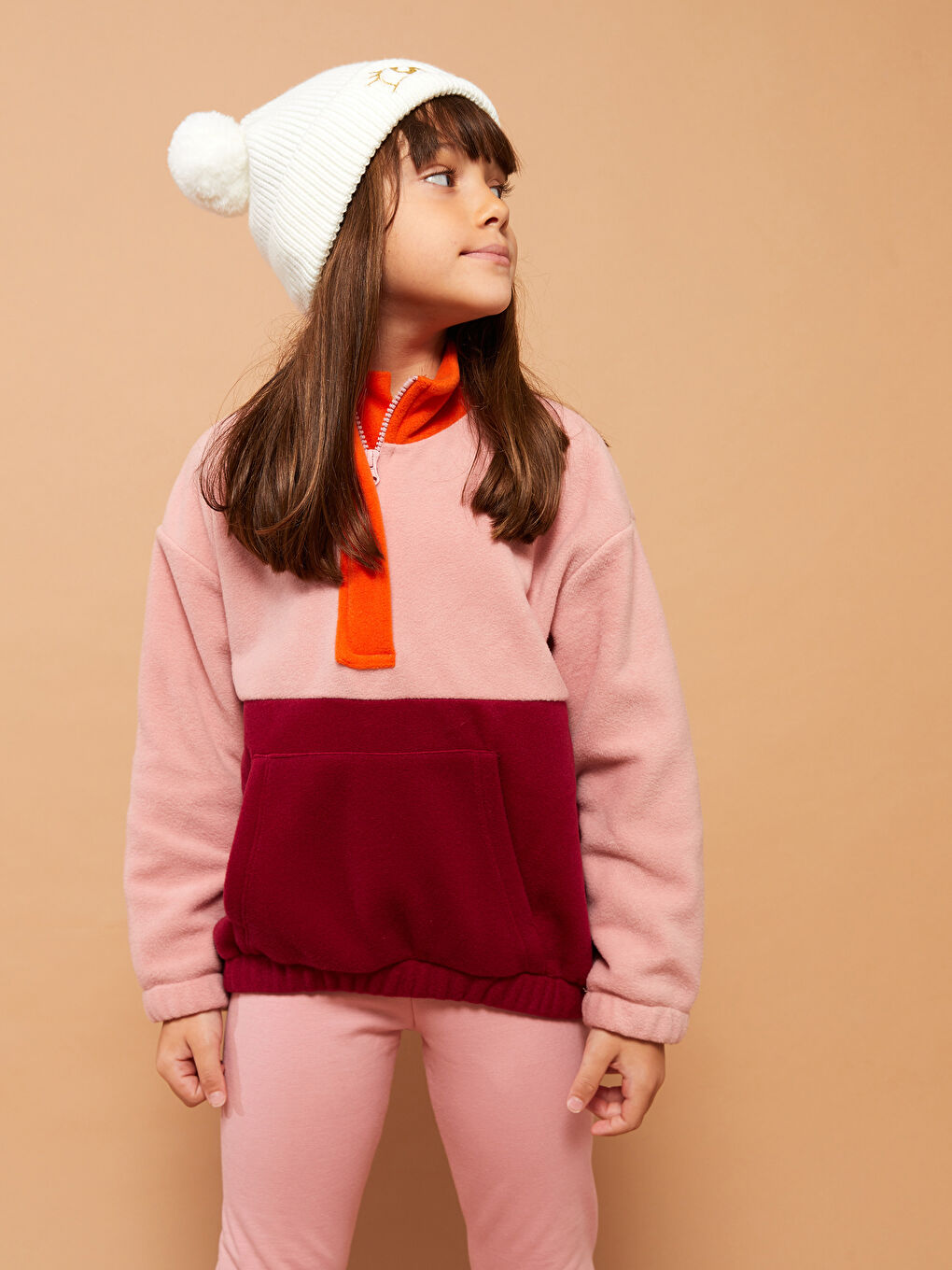 Turtle Neck Long Sleeve Fleece Girl Sweatshirt with Color Block-1
