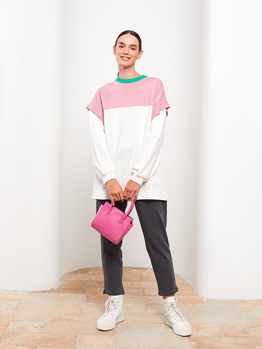 Crew Neck Color Block Long Sleeve Oversize Women's Sweatshirt Tunic-1