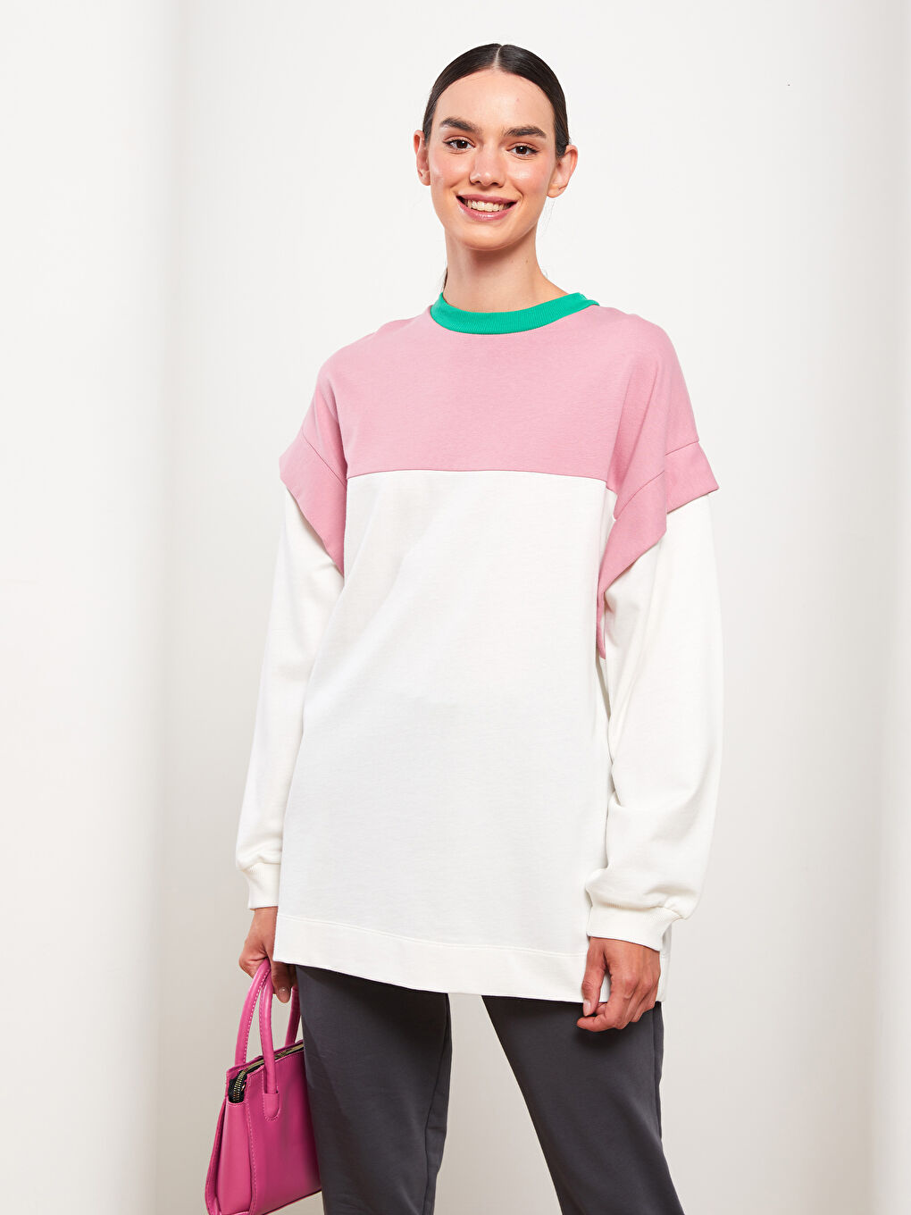 Crew Neck Color Block Long Sleeve Oversize Women's Sweatshirt Tunic-2