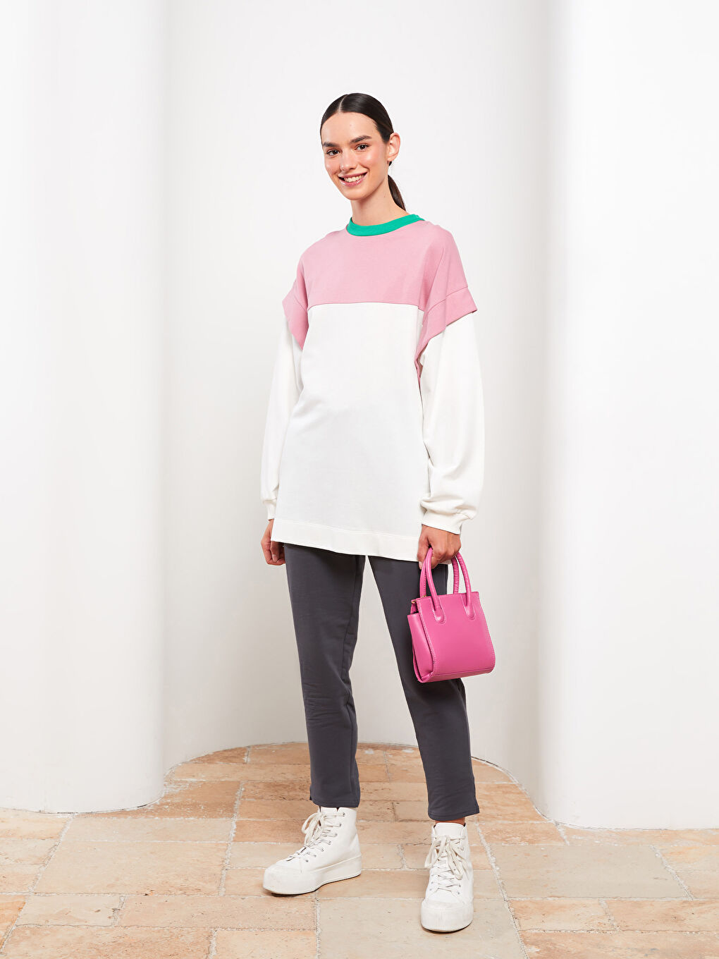 Crew Neck Color Block Long Sleeve Oversize Women's Sweatshirt Tunic