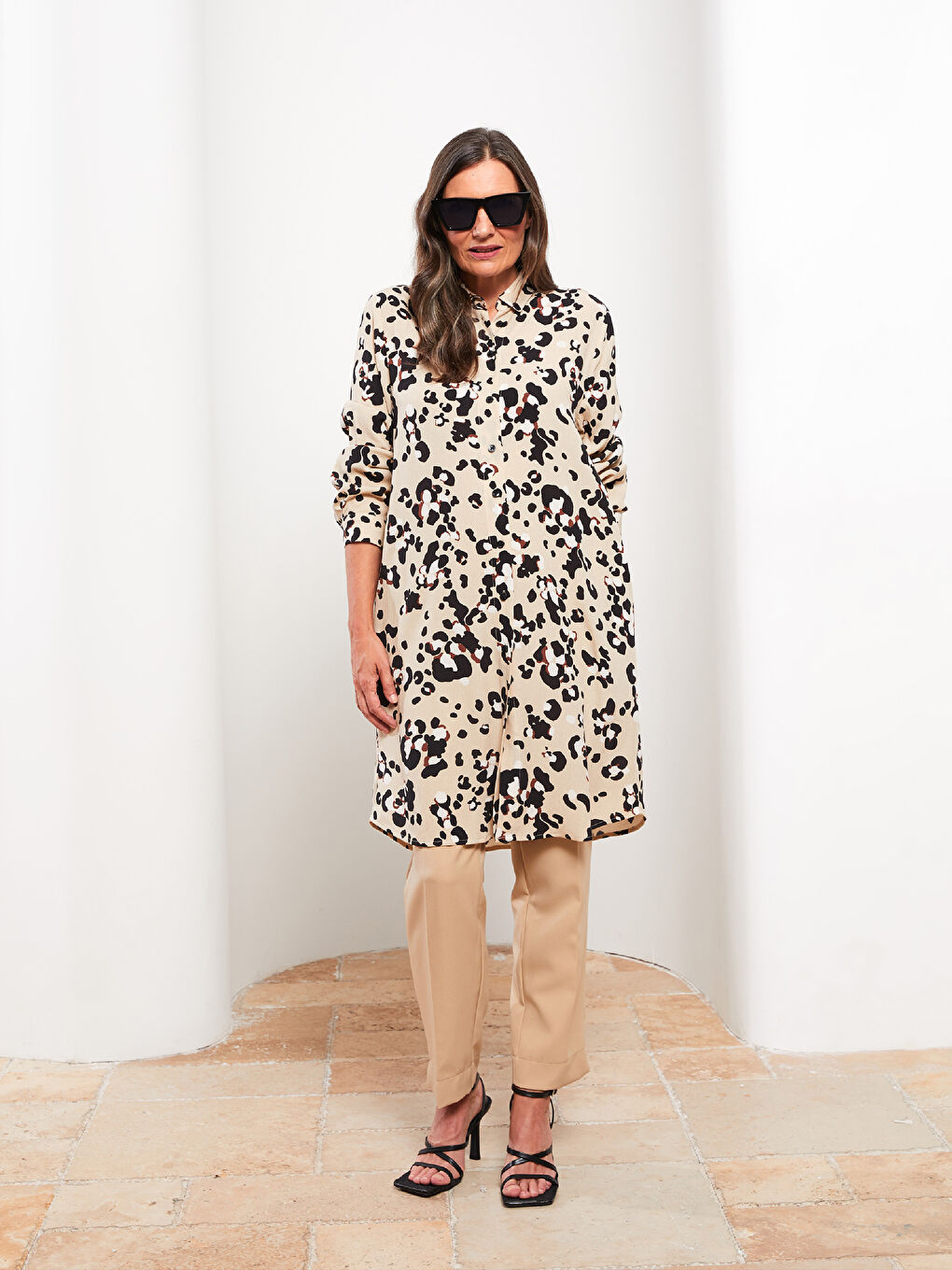 Bej Desenli Uzun Kollu Viskon Kadın Gömlek Tunik-1