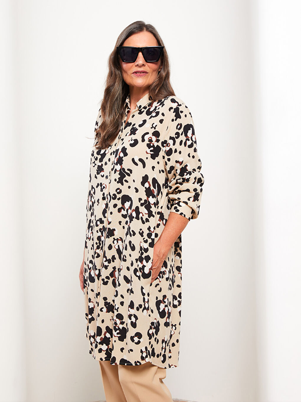 Bej Desenli Uzun Kollu Viskon Kadın Gömlek Tunik-2