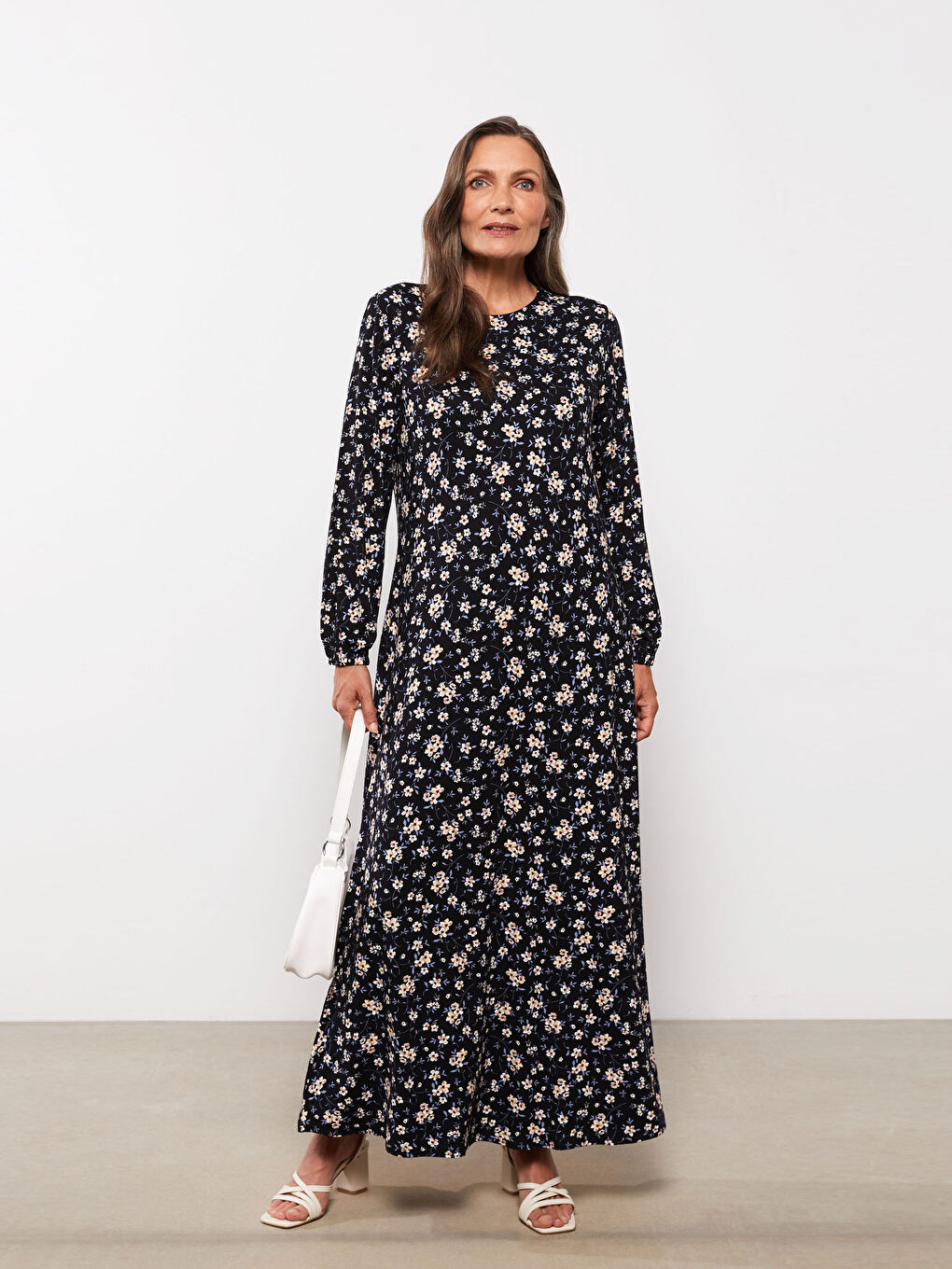 Crew Neck Floral Long Sleeve A-Line Women's Dress-1