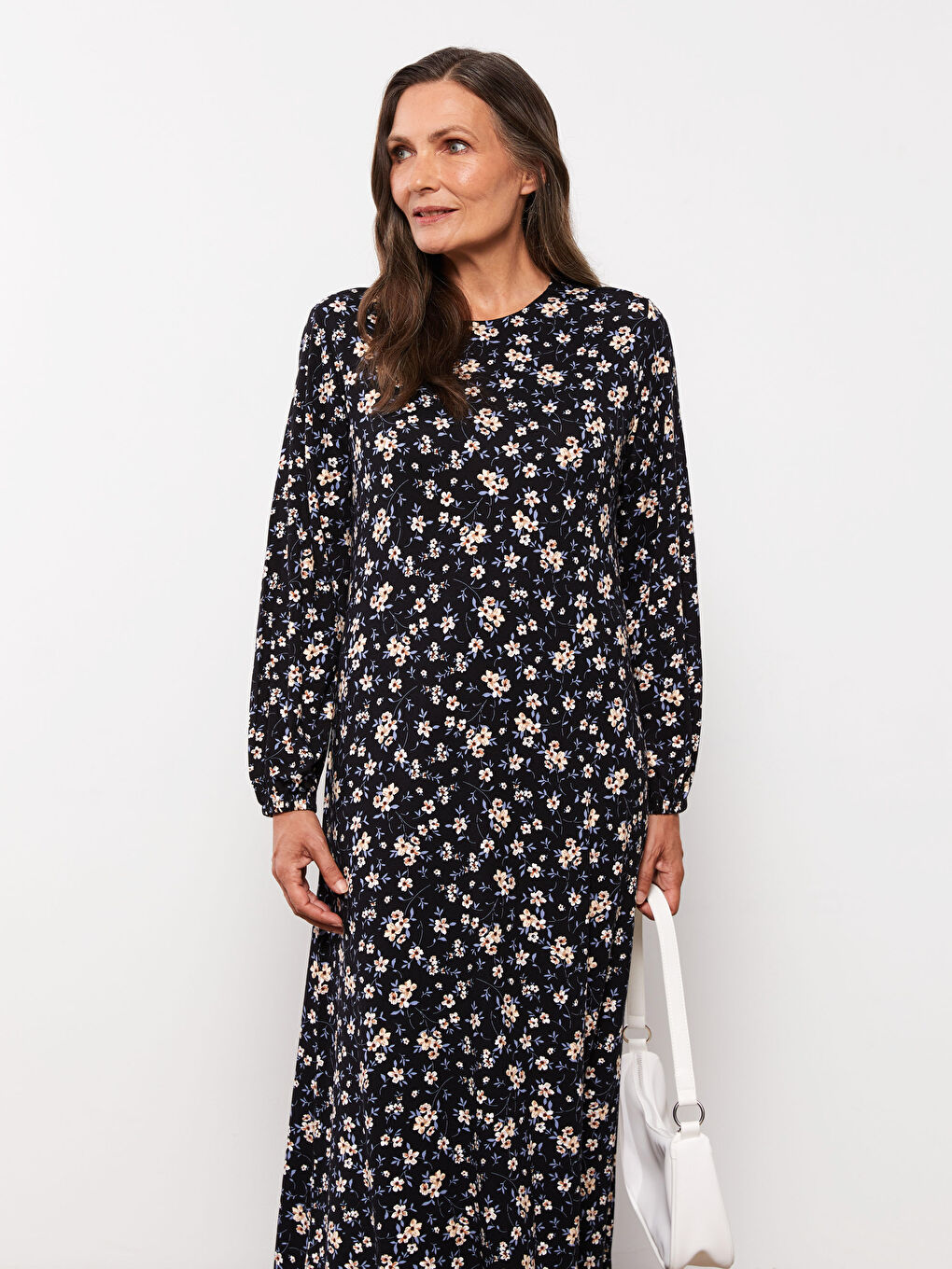 Crew Neck Floral Long Sleeve A-Line Women's Dress-2