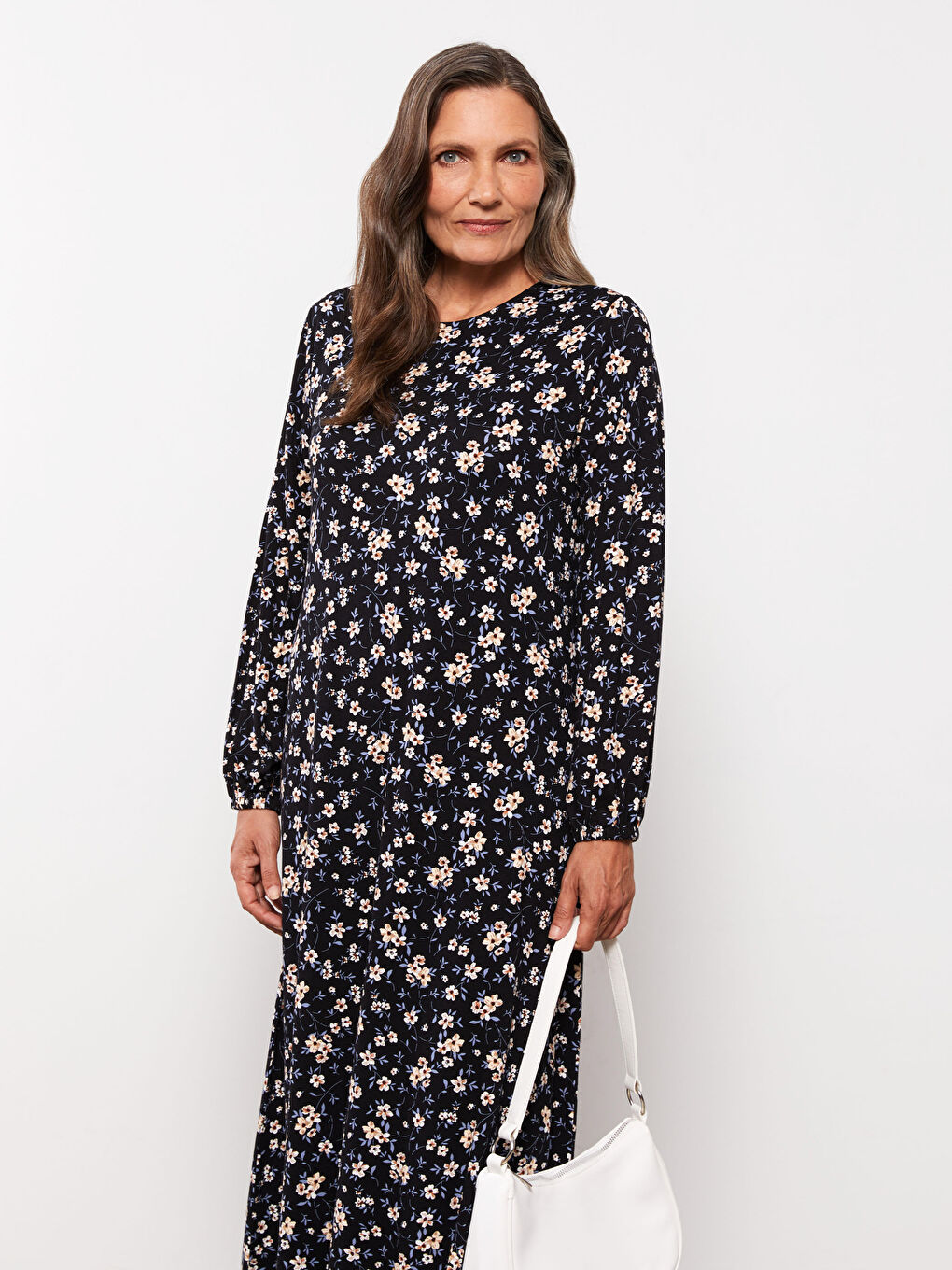 Crew Neck Floral Long Sleeve A-Line Women's Dress-3