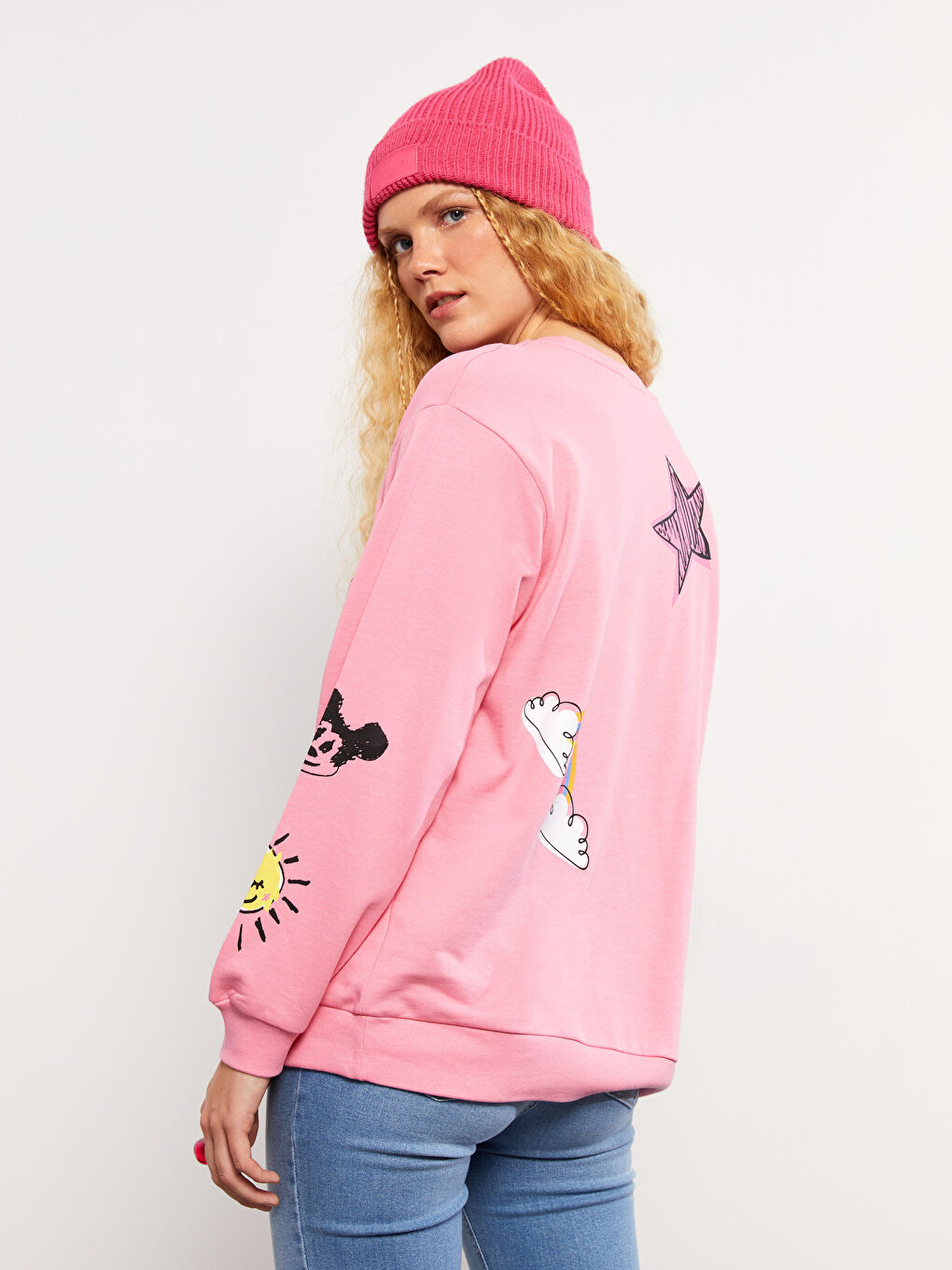 Hanorac cu Guler Rotund Imprimat Mickey Mouse cu Mânecă Lungă pentru Femei