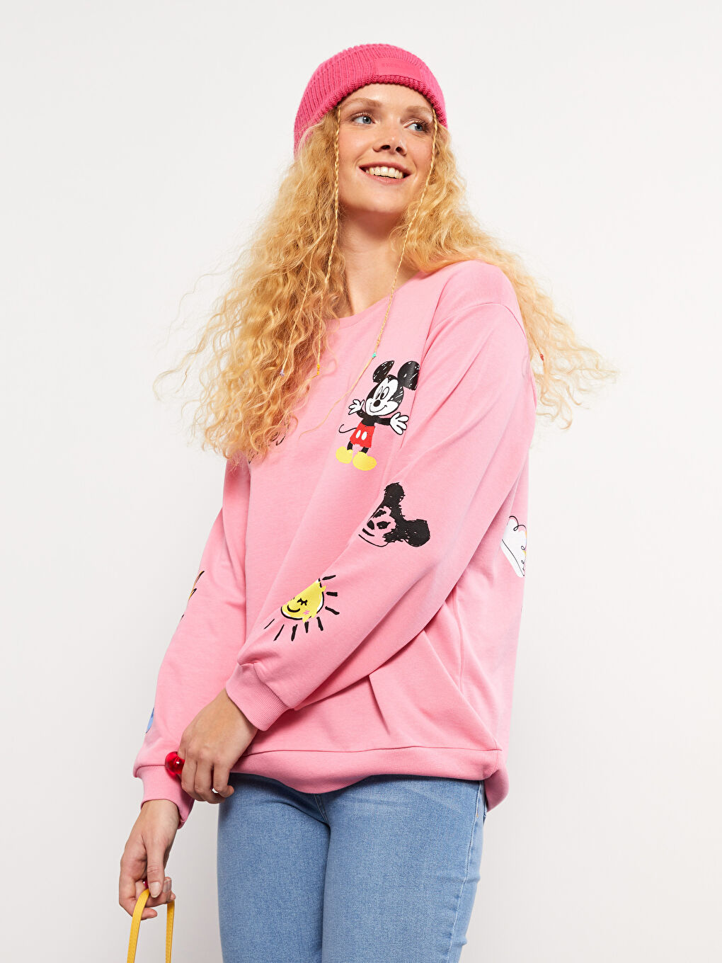 Hanorac cu Guler Rotund Imprimat Mickey Mouse cu Mânecă Lungă pentru Femei-1