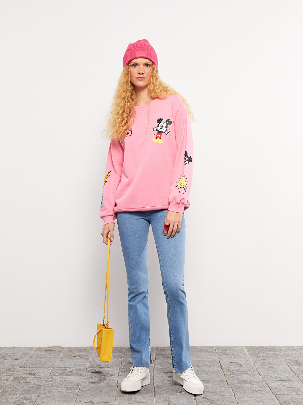 Hanorac cu Guler Rotund Imprimat Mickey Mouse cu Mânecă Lungă pentru Femei-2
