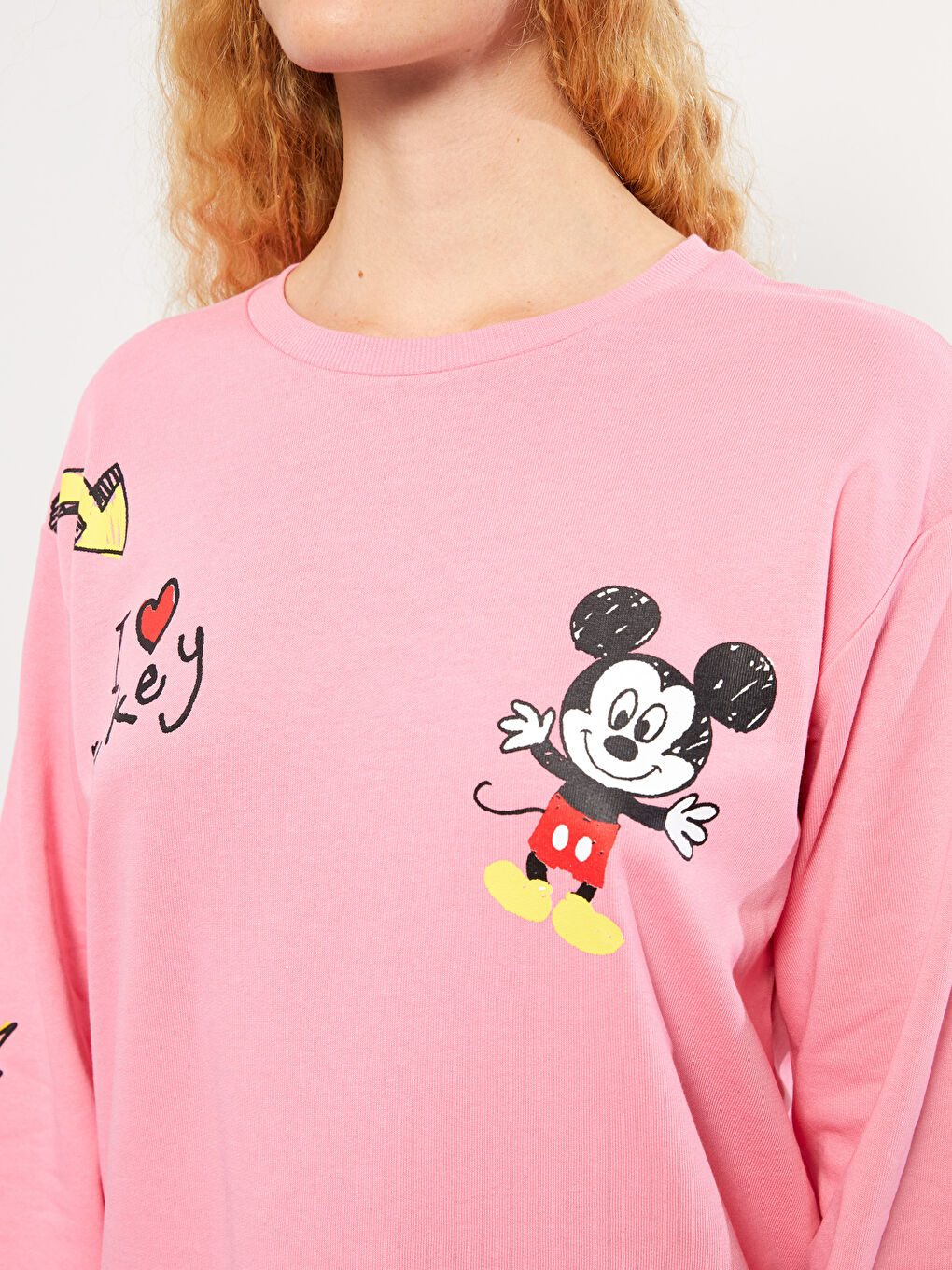 Hanorac cu Guler Rotund Imprimat Mickey Mouse cu Mânecă Lungă pentru Femei-3