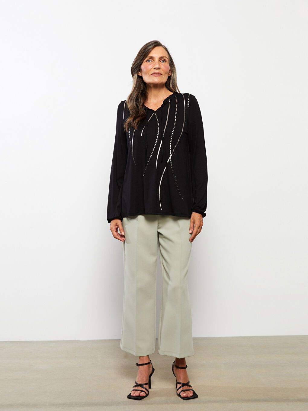 Tie Neck Patterned Long Sleeve Women's Blouse-1