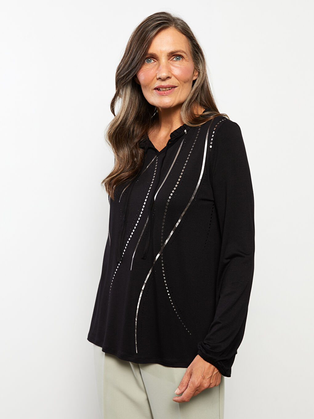 Tie Neck Patterned Long Sleeve Women's Blouse-2