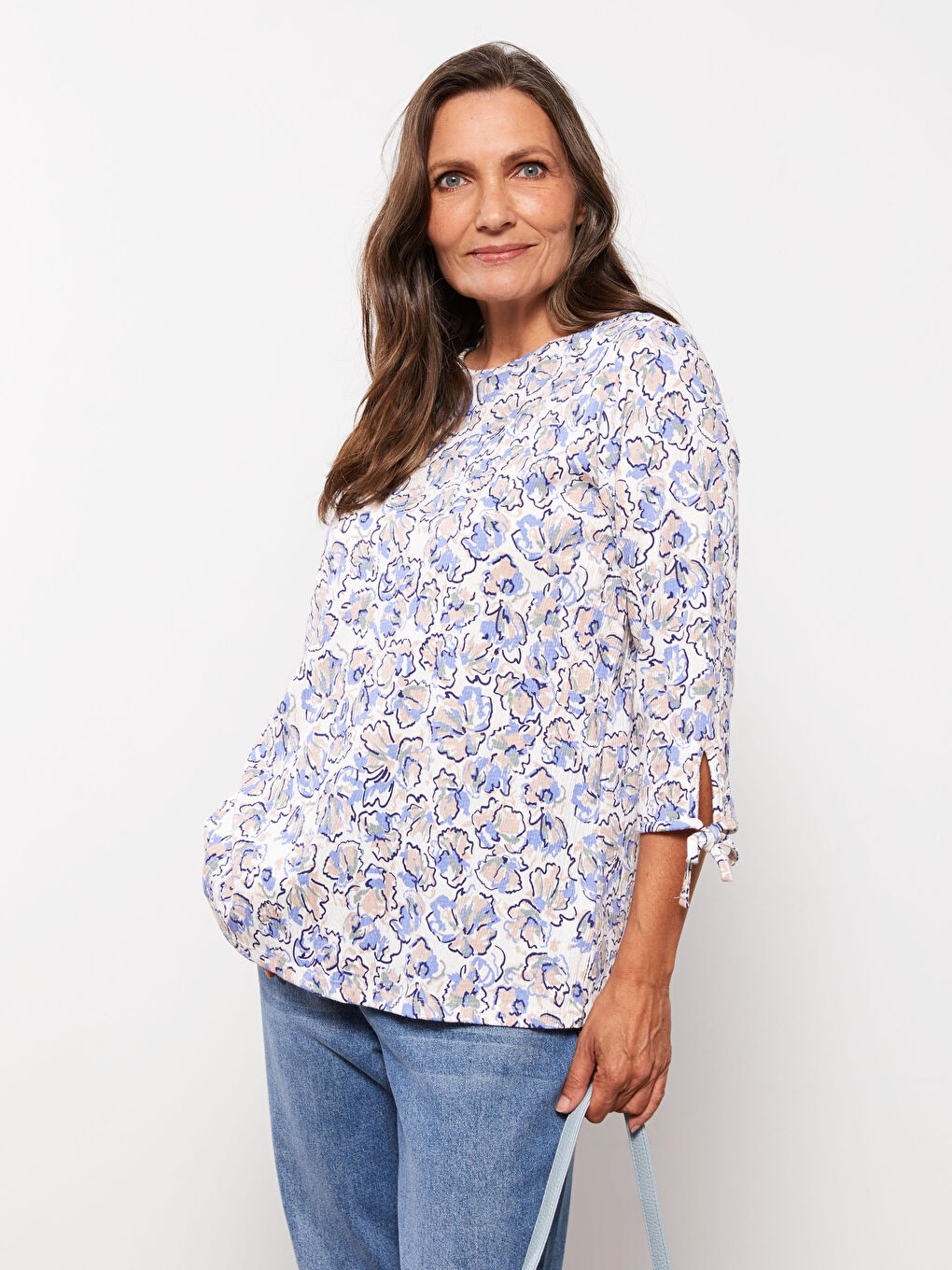 Ekru Bisiklet Yaka Desenli Kadın Bluz