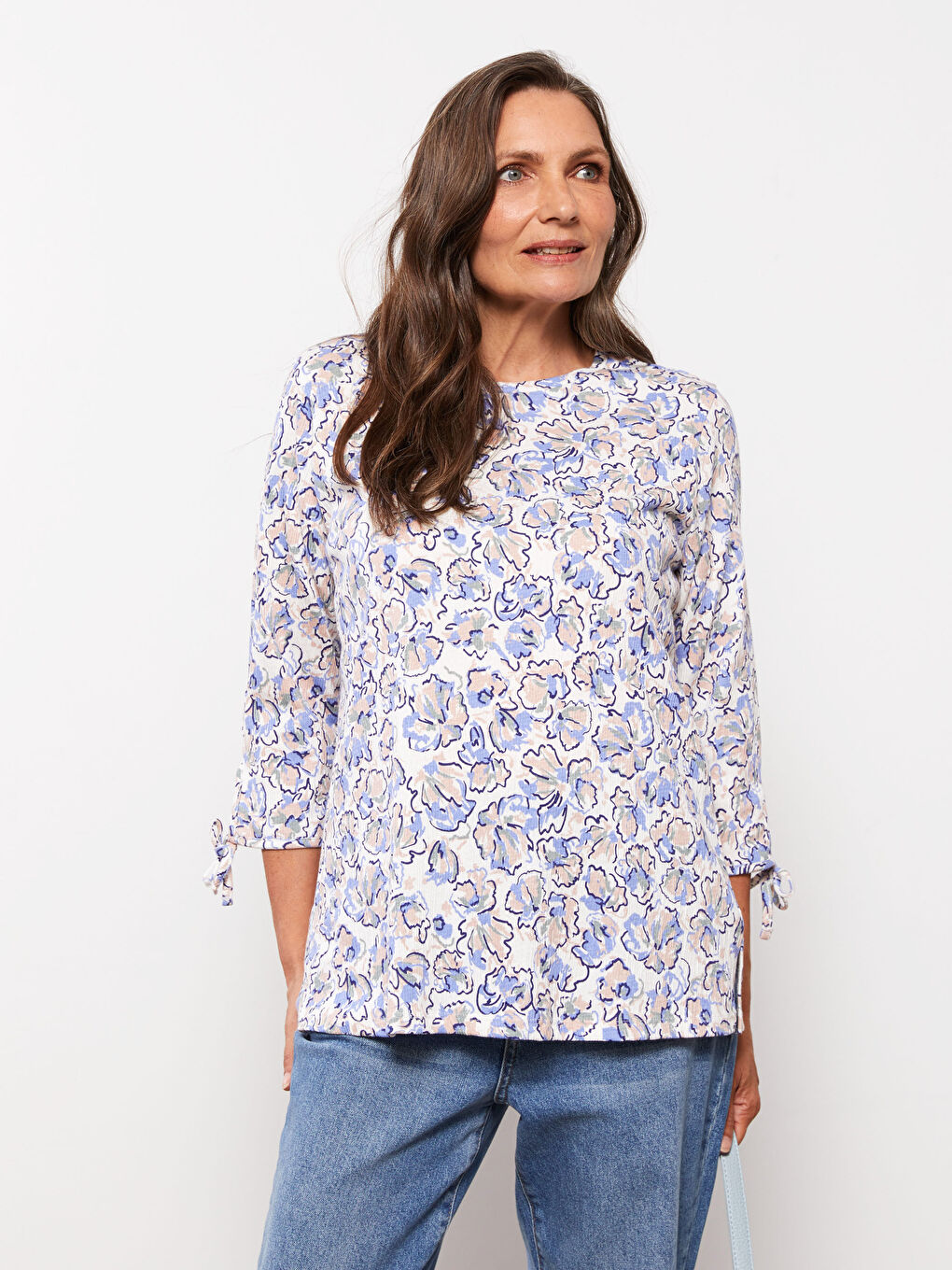 Ekru Bisiklet Yaka Desenli Kadın Bluz-2